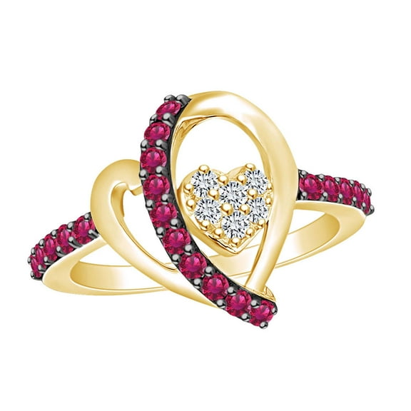 AFFY Round Simulated Ruby & White Cubic Zirconia Heart Promise Ring In 14k Yellow Gold Over Sterling Silver Ring Size-5