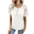 thumbnail image 1 of Blusa de verano de moda cómoda con empalme de botones huecos de encaje y manga corta informal para mujer, 1 of 5