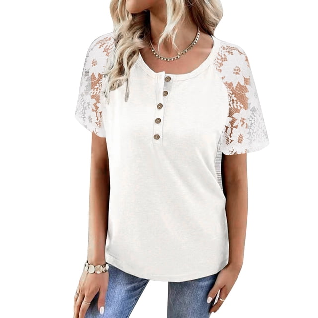 Blusa de verano de moda cómoda con empalme de botones huecos de encaje y manga corta informal para mujer