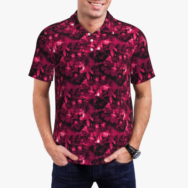 Fotbe Burgundy Tie Dye Camiseta Polo de Golf para Hombre con Estampado – Camisa Deportiva Transpirable con Cuello Abotonado-Medium