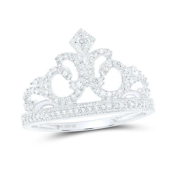 10K White Gold Womens Round Diamond Fleur Crown Tiara Fashion Ring 1/5 Cttw, Womens Size: 5-10