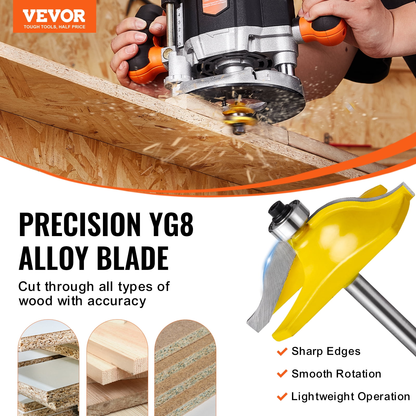 VEVOR Router Bits Set, 3 Pieces, Carbide Router Bit Kit with 1/4 Inch Shank, Wood Carrying Case, Woodworking Tools for Professional and Beginners Carpenter, for Wood MDF Particle Board Plywood