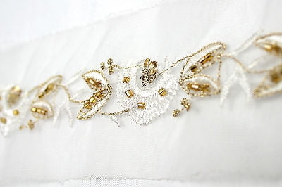 Lily White 2-3/8"  Gold Beaded Sequin Embroidery Organza Lace Trim Insertion