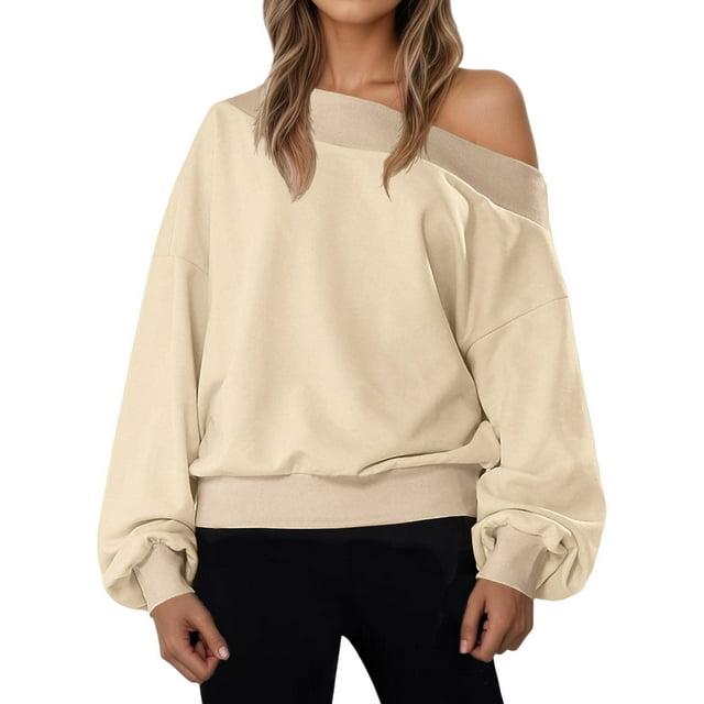 Womens Off Shoulder Sweatshirt Drop Shoulder Long Sleeve Sweatshirts Fashion Comfortable Solid Color Pullover Tops Khaki M