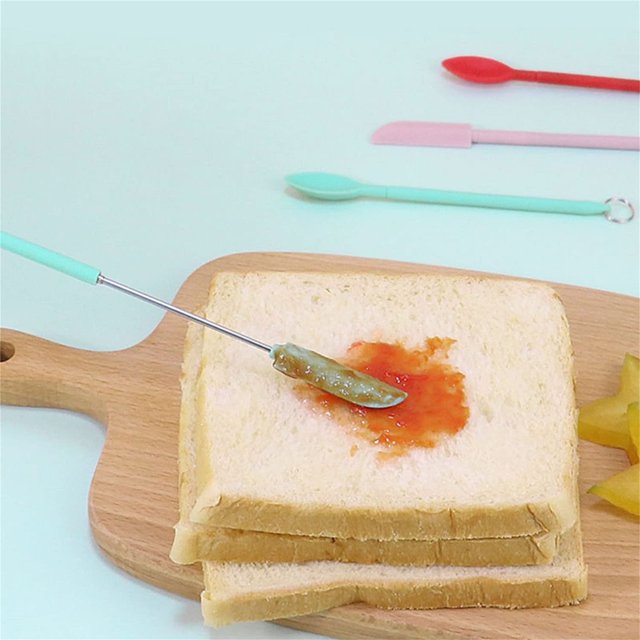 KOMOO 2PCS Mini Silicone Retractable Spatula and Spoon Jars Butter Cream Heat Resistant Silicone Spatula Sets Makeup Spatula with Hanging Buckle
