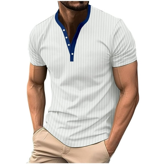 yillto Mens Shirts V Neck Button Collared Short Sleeve Shirt Ribbed Basic Solid Color Tshirts Tops