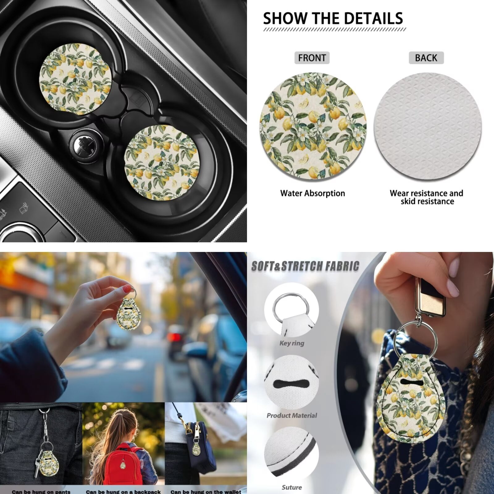 Garronmavis Lemon 13 Pcs Car Accessories Full Set Car Seat Covers Steering Wheel Cover,Armrest Cover Pad ,Key Chain,Chapstick,Car Coasters,Seat Belt Pads