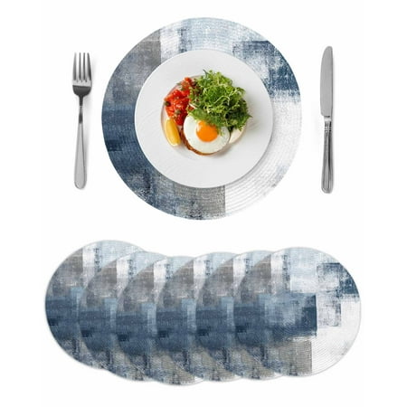 Navy Blue Grey Abstract Paint Round Table Placemats set of 6 Modern Rustic Graffiti Washable Woven Place Mats for Dining Tables Kitchen Party Decor Heat Proof 13in