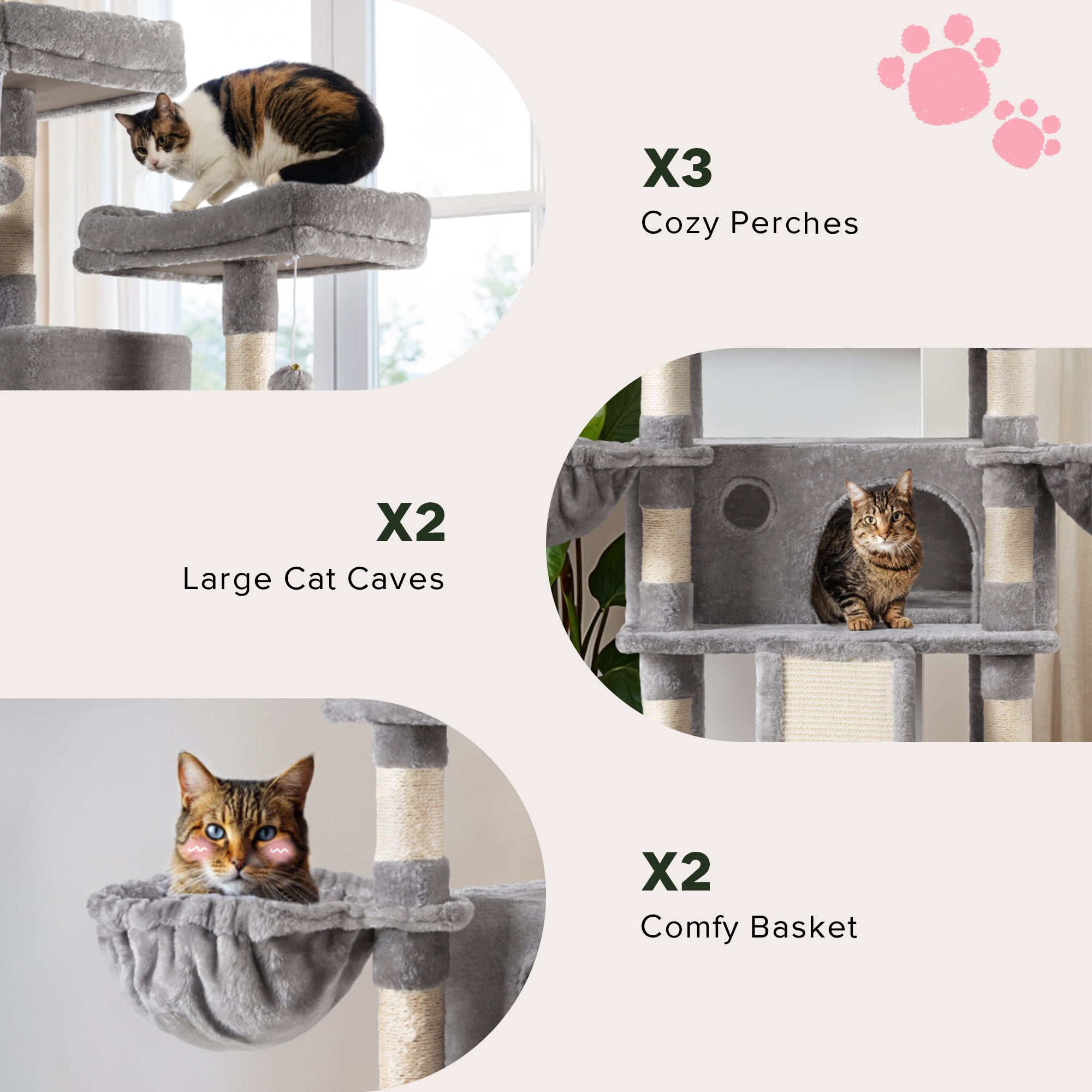 Einfach 68" X-Large Cat Tree and Tower with Condo Houses, Scratching Board & Posts for Indoor Cat, Gray