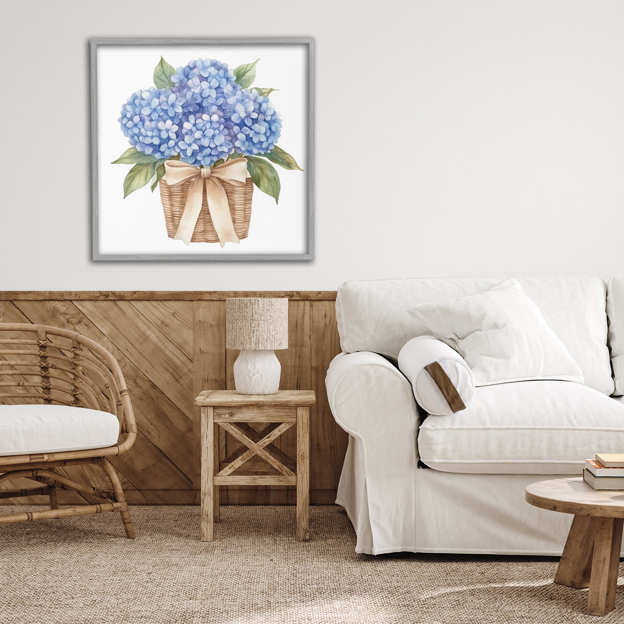 Stupell Industries Blue Hydrangea Picnic Basket Gray Framed Giclee Art, design by Petal Prints Design