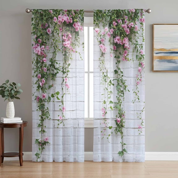 Pink Spring Floral Sheer Curtains 96 Inch Length 2 Panels Set, Green Summer Botanical Flowers Voile Window Treatment Semi Sheer Long Curtains Drapes for Bedroom/Living Room/Kitchen 52"x96"x2