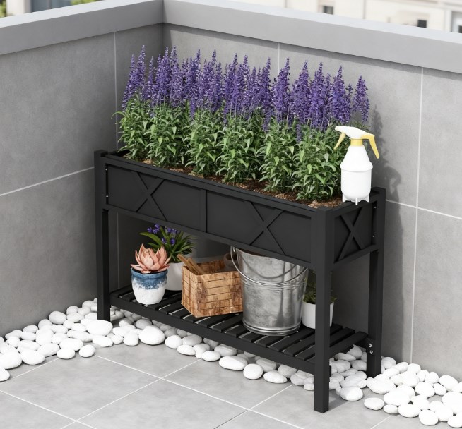 Elevated Wood Planter Box, Raised Garden Bed with Storage Shelf, Drainage Holes and Liner