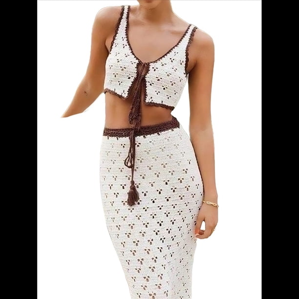 Conjunto de 2 Piezas para Mujer, de Verano, de Punto A Rayas, de Crochet, Sin Mangas, con Botones, Top Corto, Falda Larga Ajustada M