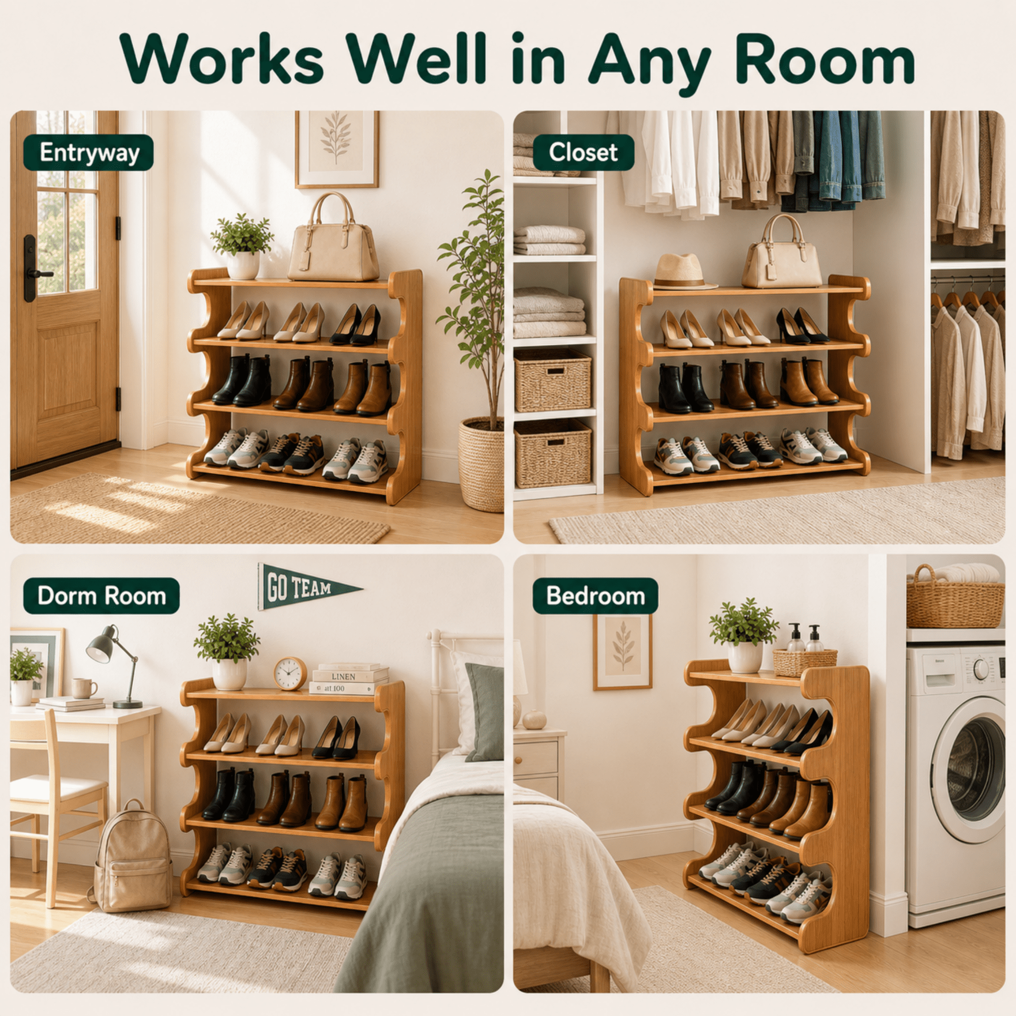 MEHOOM 4 Tier Bamboo Shoe Rack Organizer, Sturdy Shoe Storage Shelf for Closet, Entryway, Dorm & Garage, 28"x11"x20" (Natural)