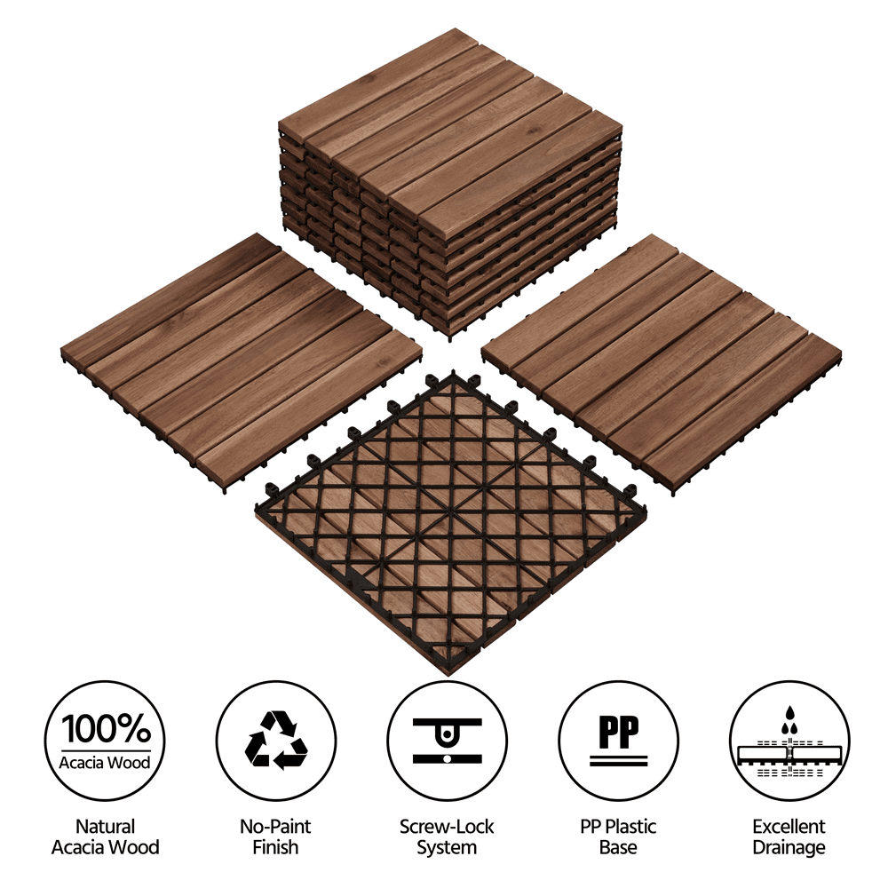 Renwick Wood Interlocking Flooring Tiles for Patio Garden Deck, Pack of 27, Brown