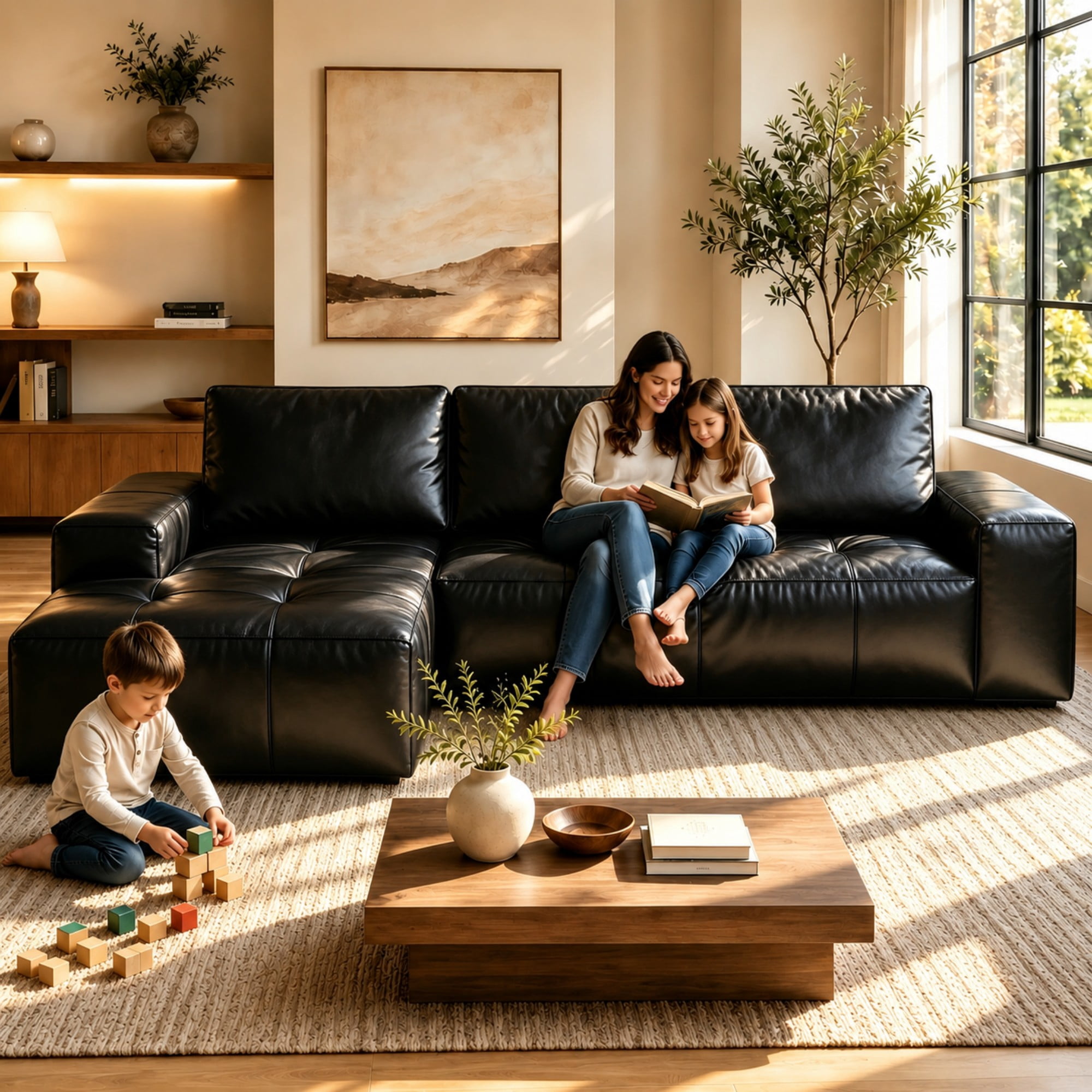 Aenkyo 114" Faux Leather L-Shaped Sectional Sofa with Left Hand Chaise, Boneless Modular Couch, Black