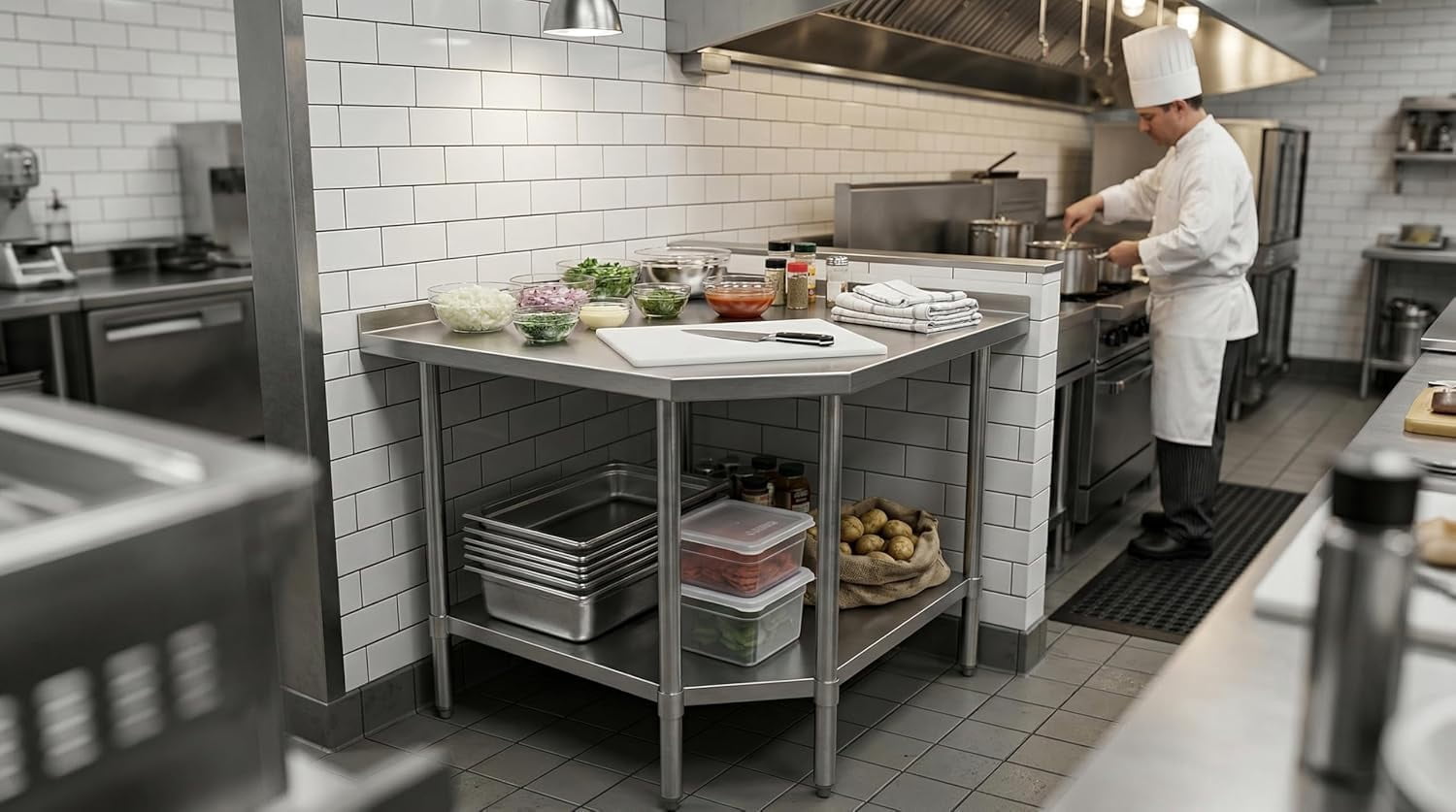 Stainless Steel Corner Work Table 30" x 30" with Backsplash & Galvanized Undershelf, 5-Leg Support Commercial Prep Table for Restaurant Kitchen
