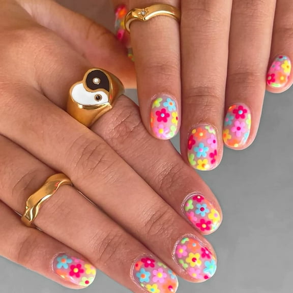 24 Pcs Summer Press on Nails Short Square Spring Flower Fake Nails Nude Acrylic Nails Colorful Floral Designs False Nails with Glossy Full Cover Stick on Nails for Women Artificial Nails Style 10 24