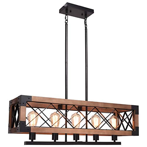 Ccs Wood Metal Rectangle Chandelier Farmhouse Kitchen Island Fixture 5 Lights Edison E26 Black Com Ccs Wood Metal Rectangle Chandelier, Wood And Iron Rectangular Chandelier