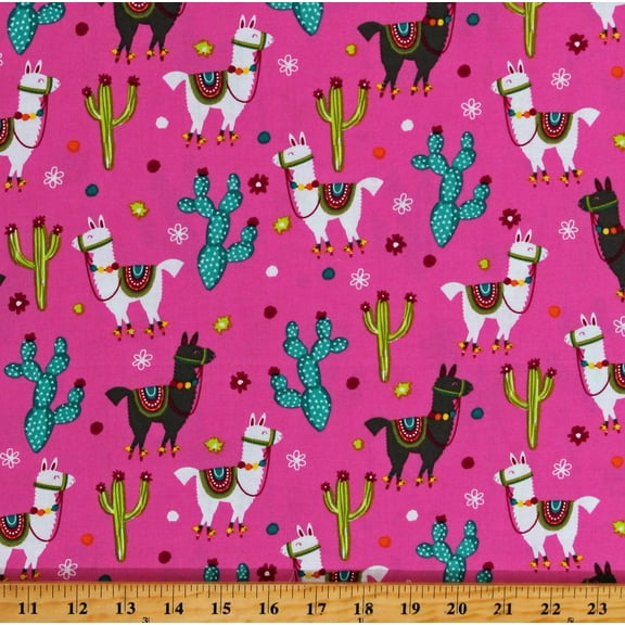 Cotton Tossed Llamas Animals Cactus Cacti Southwestern Pink Cotton Fabric Print by the Yard (48530)