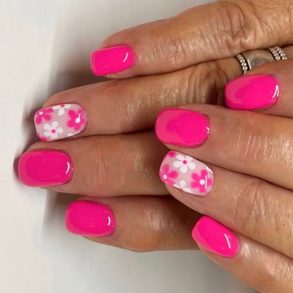 24 Pcs Short Square Full Covers False Nails Glossy on Nails Artificial Nails with Flower Designs