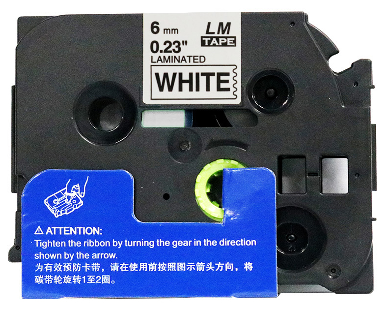 6/Pack - Premium Compatible with TZe-211 Black on White 1/4 p-touch Label tape, 6mm laminated replacment TZe211 tape, TZ211 0.23" black ink on White label with color/size guide. - image 2 of 2