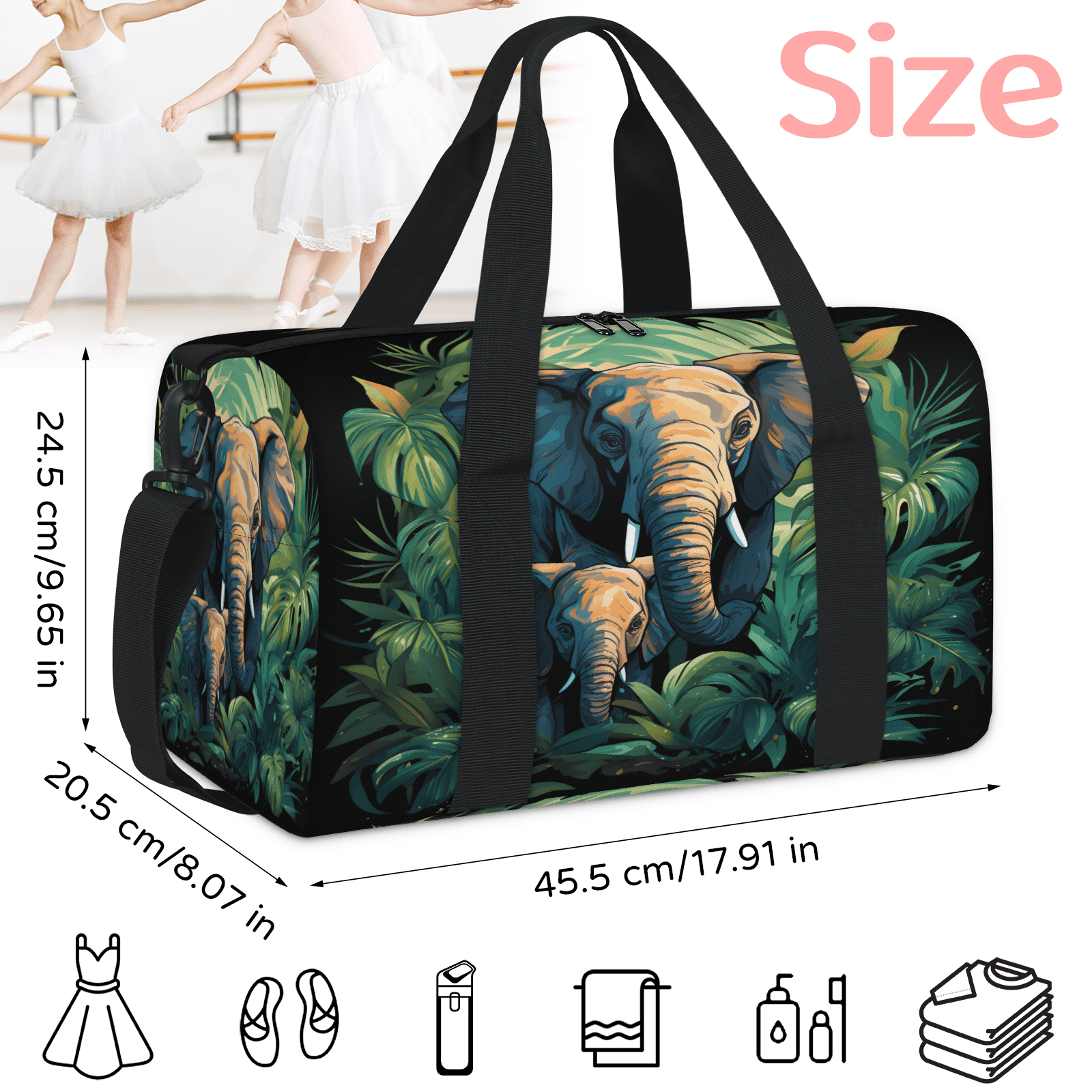 Herdesigns Jungle Elephant Gym Bag for Women, Duffle Bag for Travel Sport, Lightweight Waterproof Carry on Weekender Overnight Dance Yoga Workout Bags
