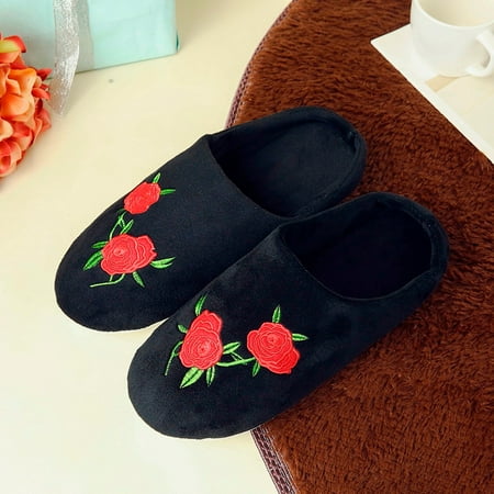 

SUODUI Women s Slippers Women s New Rose Embroidered Soft Soled Indoor Non Slip Cotton Slippers Black 7.5
