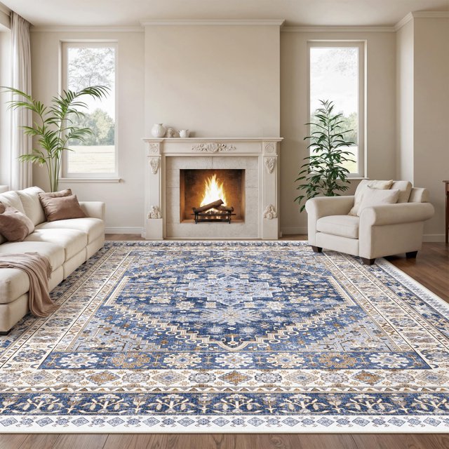 Alfombra Area Zesthome, resistente a las manchas, lavable, 240 x 360 cm, azul y beige