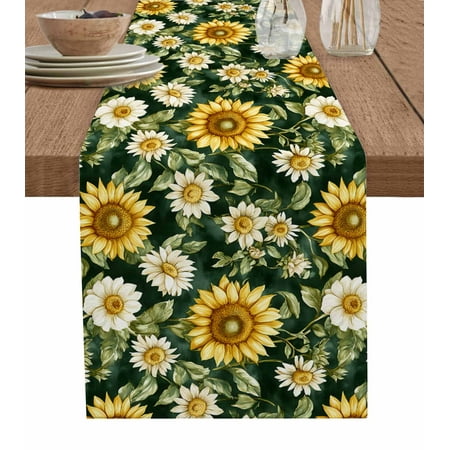 

Table Runner Dresser Scarves 108 Inch Long Watercolor Farm Sunflower Floral Linen Dining Table Runners Spring Flower Green Leaves Tabletop Scarf for Wedding Holiday Party Kitchen