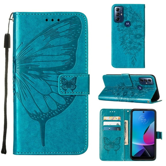 SaniMore Case for Motorola Moto G Power 2023 (6.5"), PU Leather Skin with Luxury Embossed Butterfly [Wrist Strap & Card Slots & Flip Kickstand] Full-body Shockproof Business Wallet Cover, Blue