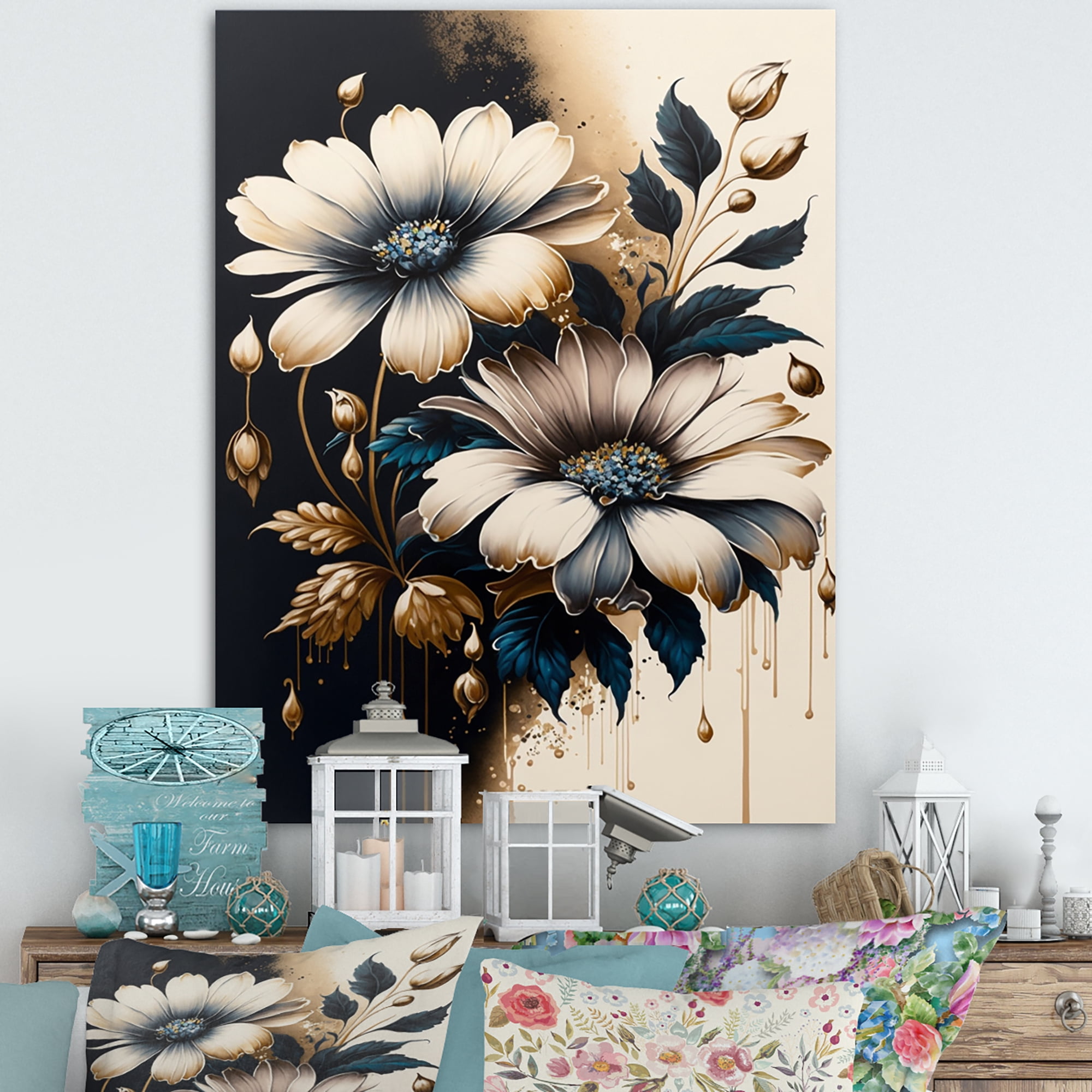 Designart Blue And Gold Daisy Bunch III Canvas Wall Art