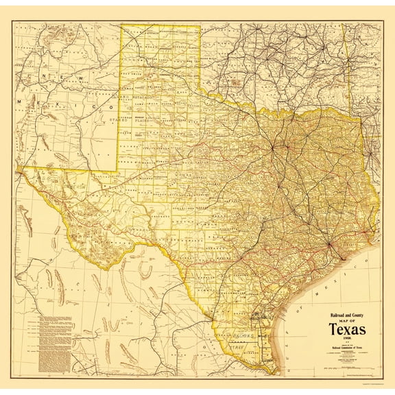 Historic State Map - Texas - Railroad Commission 1908 - Vintage Wall Art