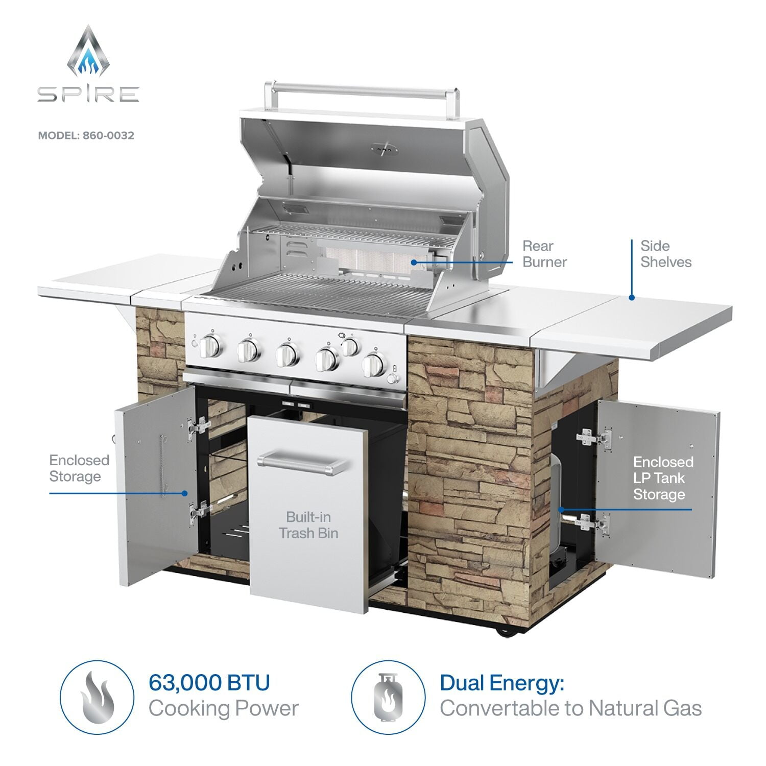 Spire 5-Burner Built-in Propane Gas Stone Island Grill w/Rear Burner, 63,000BTUs, 758 sq.in. Cooking Area, Convertible to Natural Gas, 2 Fixed Shelves, Pullout Trash Bin, 2 Halogen Light, 860-0032