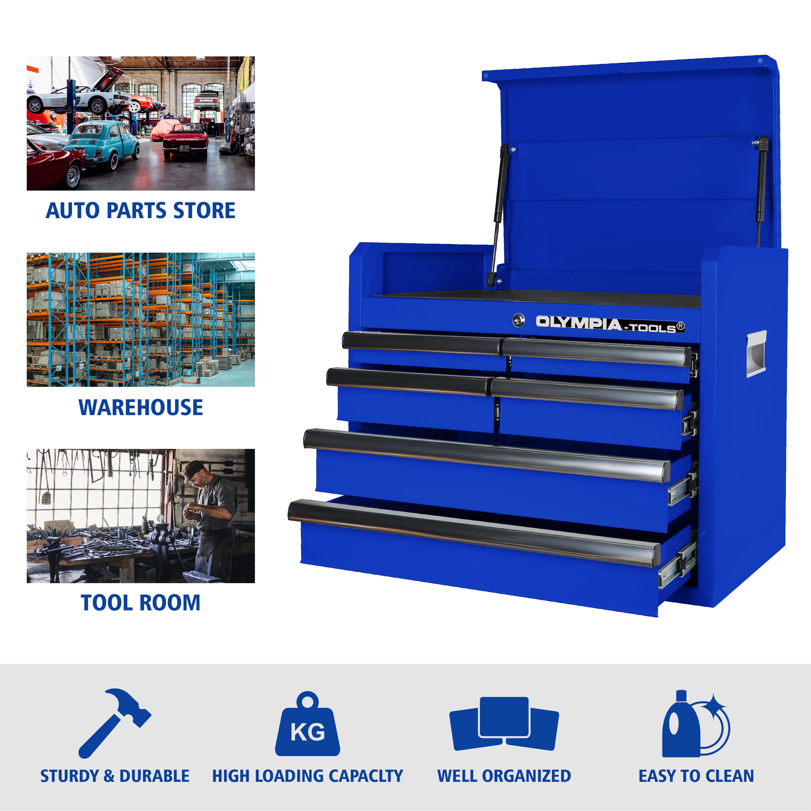 Olympia Tools 6 Drawer Tool Box, 26inch Top Metal Tool Storage Cabinet with Tray, Drawer Liner, Blue