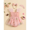 thumbnail image 3 of Biekopu Baby Girls Rompers Dress Fly Sleeve Flower Embroidered Mesh Tulle Skirt Hem Infant Bodysuits Summer Clothes with Headband, 3 of 8