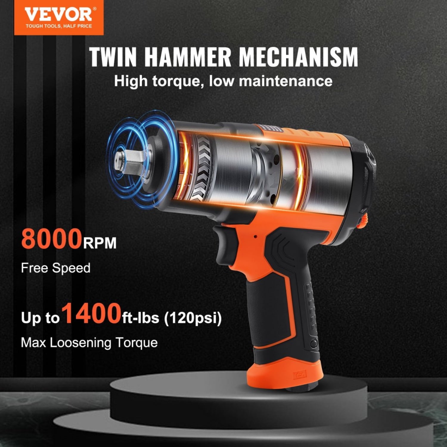 Air Impact Wrench 1/2 Square Drive 1400ft-lb Nut-busting Torque Twin Hammer 90-120PSI 4Position Regulator Lightweight Steel