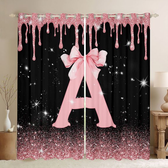 Manfei Kawaii Bow Personalized Initial A Black Out Curtains for Girls,Gradient Glitter Print Curtains Pack of 2 (42x63 Each) for Kids Teens,Ultra Soft Home Decor