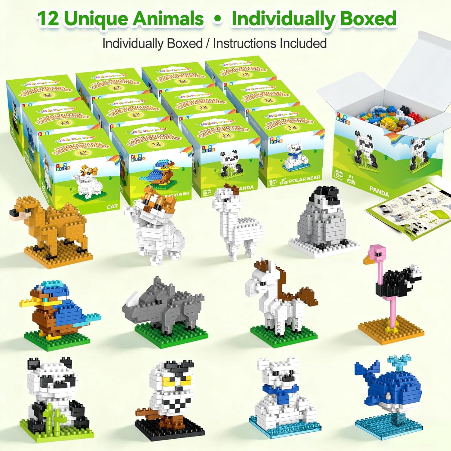 Fun Little Toys 12 Pack Mini Animal Building Bricks, Individually Boxed No Duplicate Sets for Classroom Prizes & Prize Box Rewards,Birthday Gifts for Boys Girls