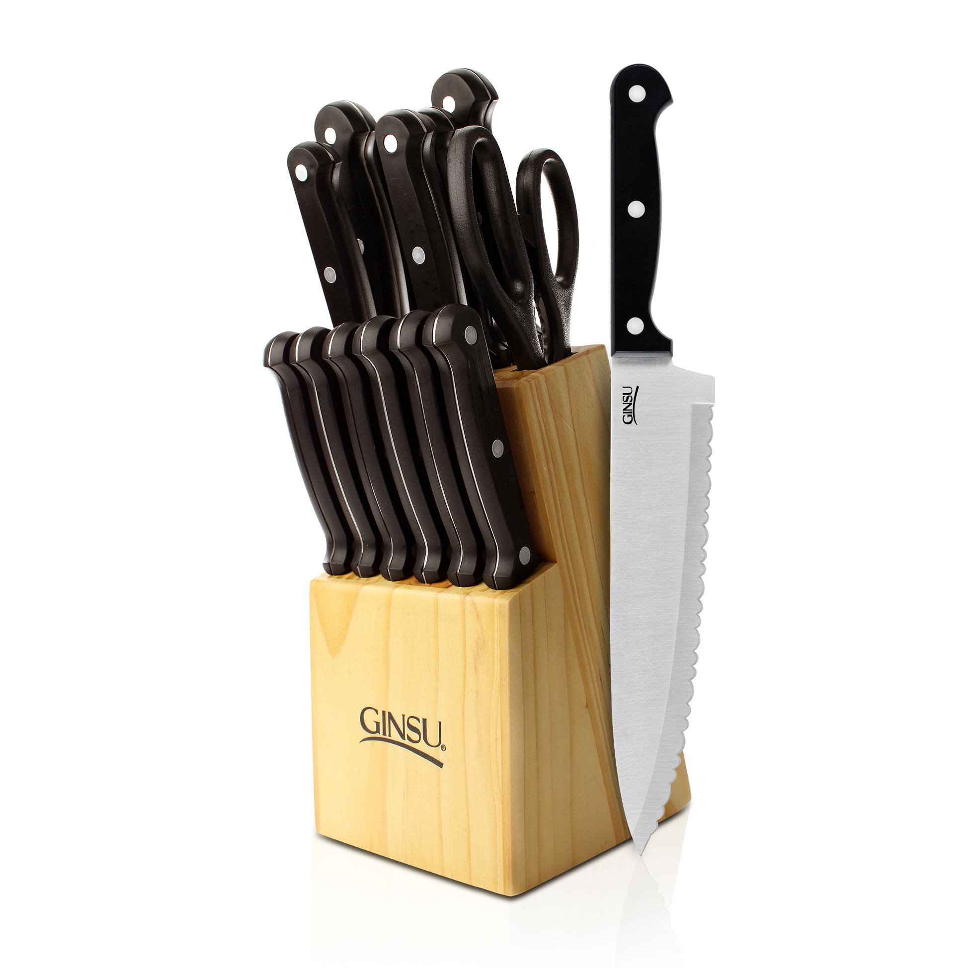 Ginsu Essential Series 14-Piece Stainless Steel Serrated Knife Set –  Cutlery Set with Purple Kitchen Knives in a Black Block, 03891DS