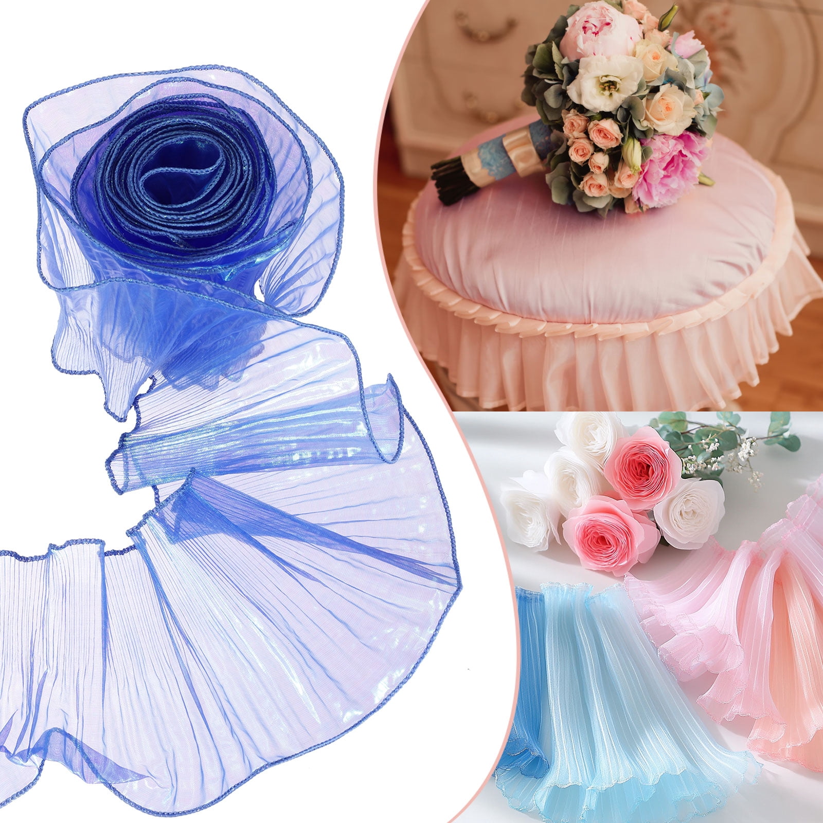 5.5" x 11 Yards Ruffle Pleated Organza Trim Iridescent Pleated Lace Trim Ribbon for DIY Craft Dress Clothing Wedding Gift Home Decoration, Sapphire Blue
