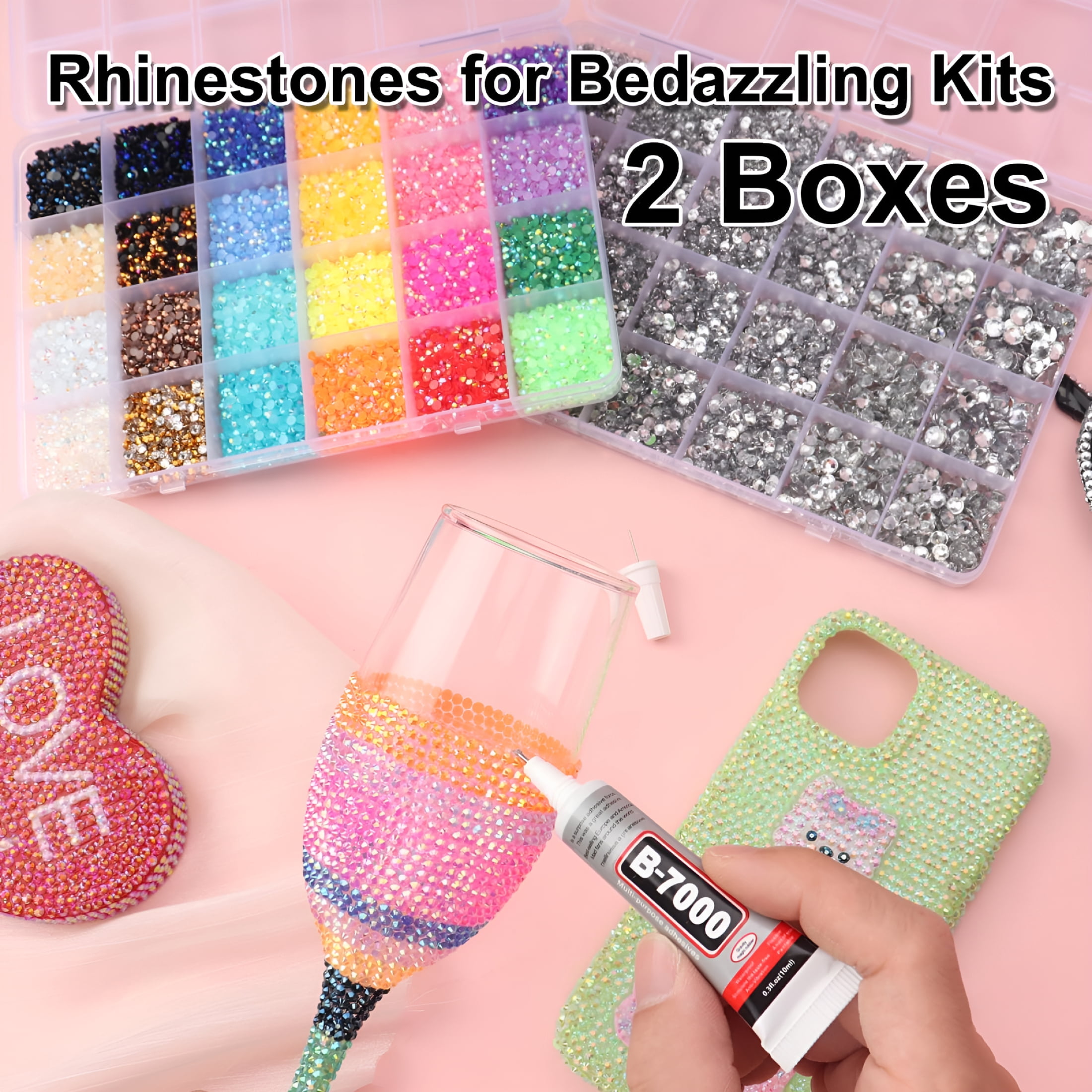 TUWAFE 2 Boxes Rhinestones for Bedazzling Kits, Multicolor 3Mm & Silver Clear 2/3/4/5/6Mm Resin Flatback Gems for Diamond Art, Bedazzler Kit with 3Pcs 10Ml Jewelry Glue for Diy Crafting Crafts Decor