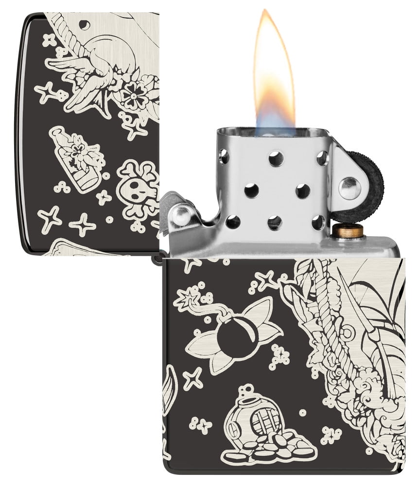 Zippo Laser 360° Pirates Treasure Design High Polish Black Pocket Lighter