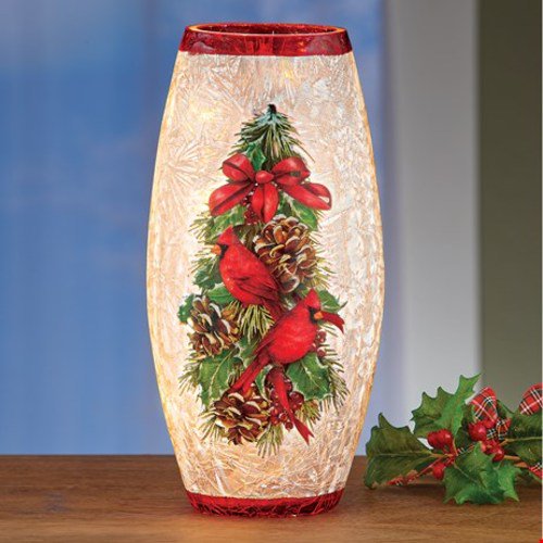 Holiday Cardinal Crackled Glass Hurricane Lamp