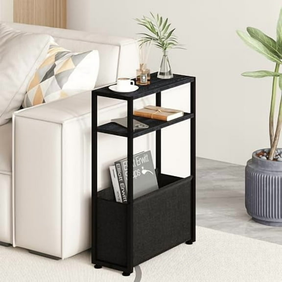 Narrow Side Table, Slim Side Table with Magazine Rack, Bathroom Table for Small Spaces, Narrow Bedside Table for Living Room, Bedroom