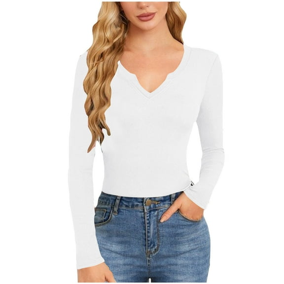Lenpel Women's T Shirt V Neck Long Sleeve Ribbed Knitted Fall Tops Trendy Casual Layering Tee Undershirts