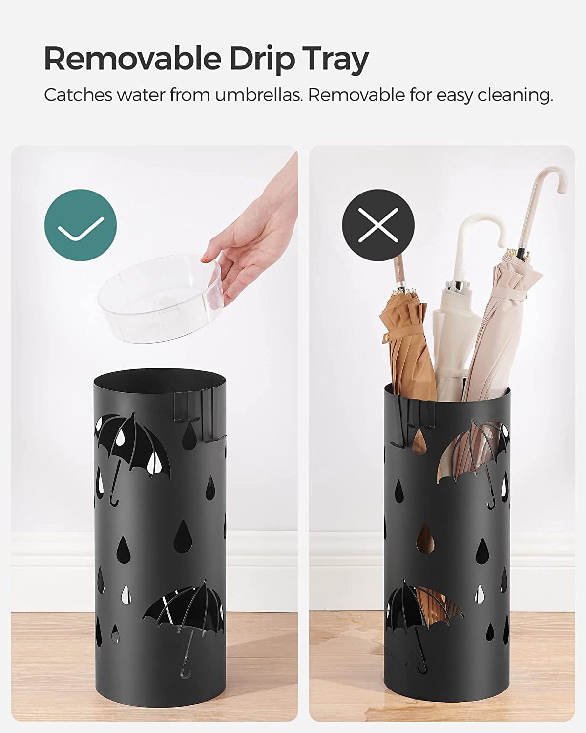 Umbrella Stand, Metal Umbrella Holder for Entryway, with Water Tray and 4 Hooks