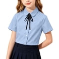 thumbnail image 2 of Girls Short Sleeve Button Down Shirt with Bow Tie - Cotton Wrinkle Resistant School Uniform Top for Kids - Blue,Size 7 T, 2 of 9