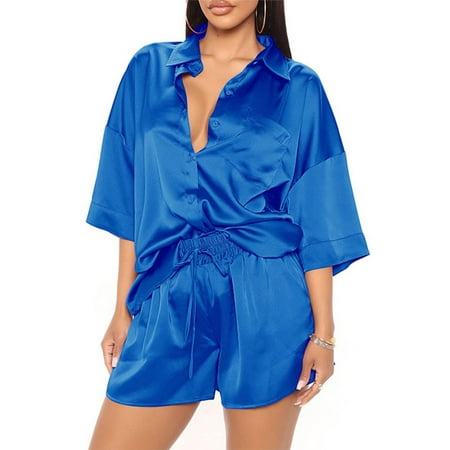 

Sanviglor Ladies Nightgown Set Half Sleeve Sleepwear Elastic Waist Pajamas Baggy Lounge Sets Summer Nightwear Sky Blue M