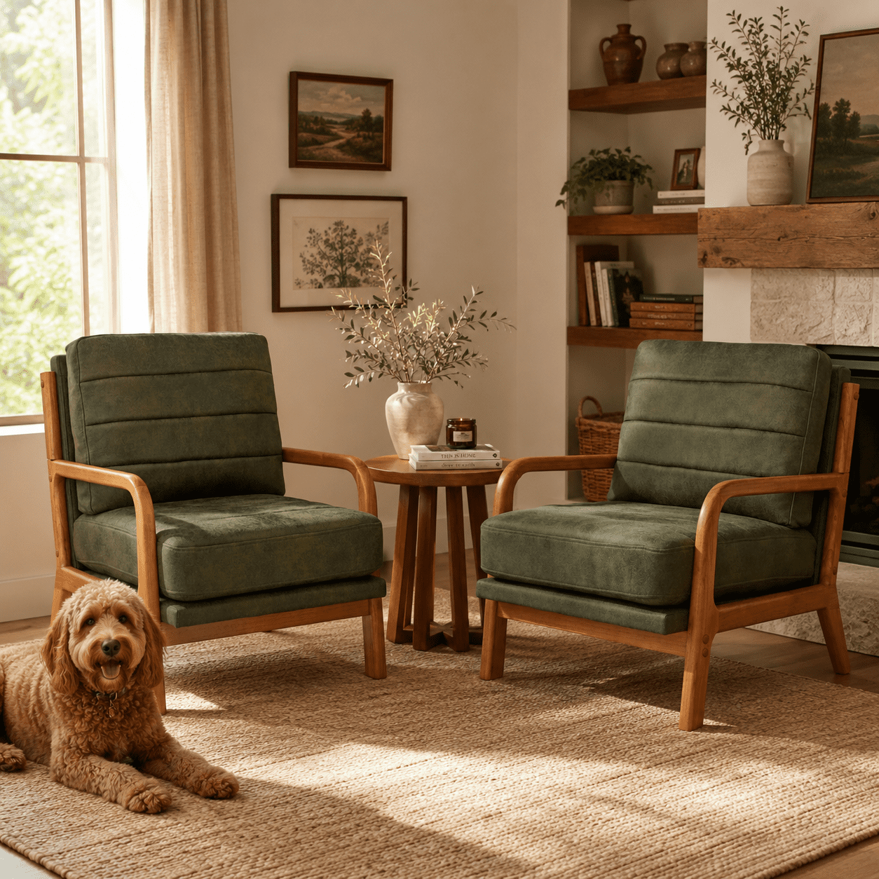 Homy Casa Mid-Century Accent Chair, Upholstered Reading Chair with Wood Frame, Olive Green